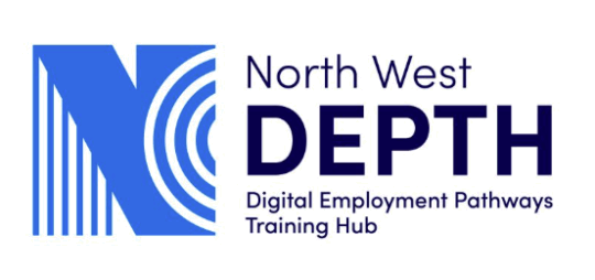 North West Depth Digital Employment Pathways Training Hub Blue and White Logo